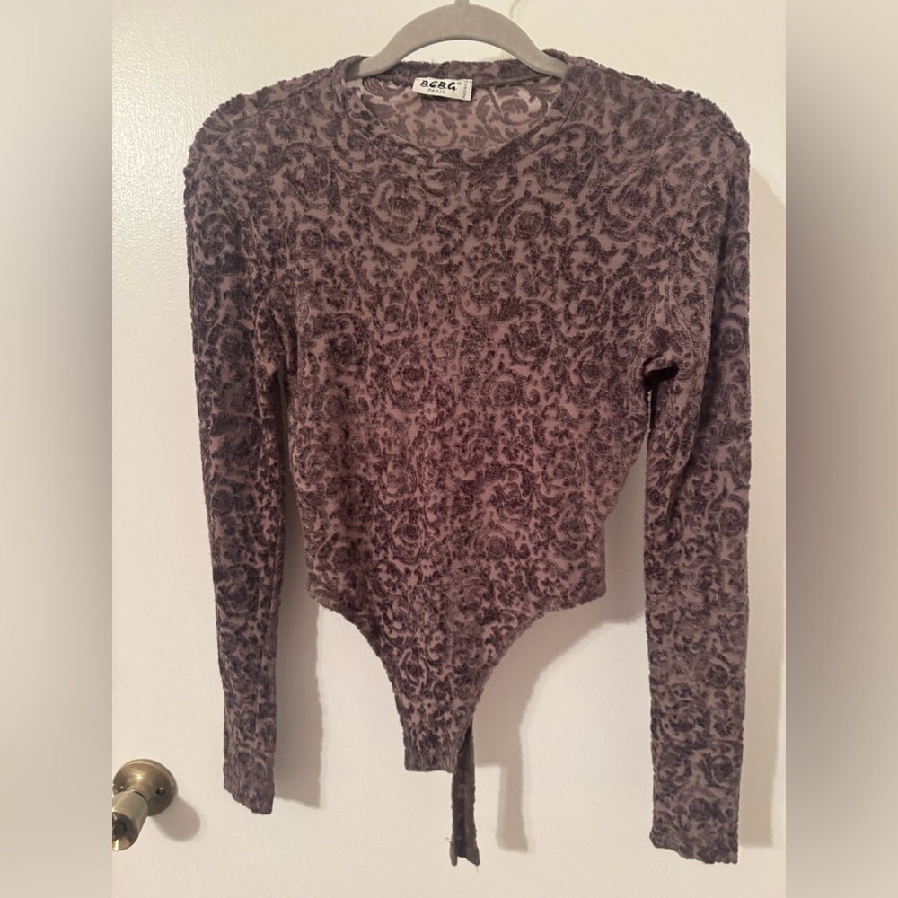 4/$10 BCBG Sheer Velvet Patterned Long Sleeve Bodysuit - Dark Olive Green